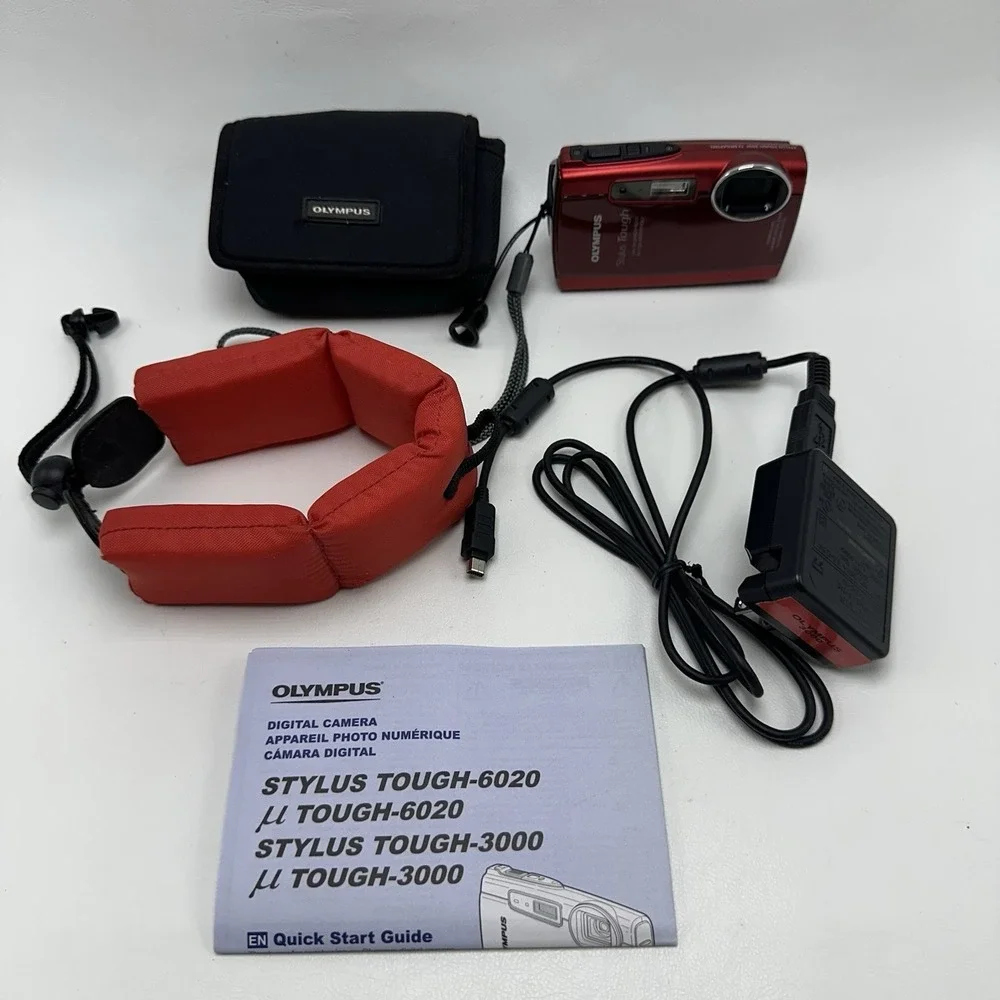 Olympus Stylus Tough 3000 12MP Red Waterproof Camera Bundle w/Case Battery Float